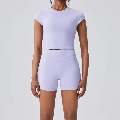 Women Fashion Casual Solid Color Short-Sleeve T-Shirt Tight High Waist Shorts Quick-Drying Sports Yoga Two-Piece Set
