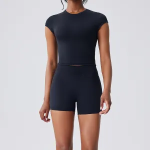 Women Fashion Casual Solid Color Short-Sleeve T-Shirt Tight High Waist Shorts Quick-Drying Sports Yoga Two-Piece Set