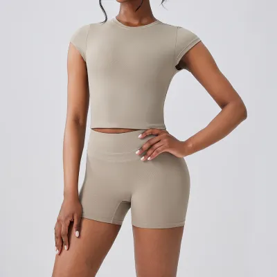 Women Fashion Casual Solid Color Short-Sleeve T-Shirt Tight High Waist Shorts Quick-Drying Sports Yoga Two-Piece Set