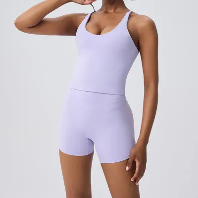 Women Fashion Casual Solid Color Camisole Tight High Waist Shorts Quick-Drying Sports Yoga Two-Piece Set