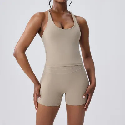 Women Fashion Casual Solid Color Camisole Tight High Waist Shorts Quick-Drying Sports Yoga Two-Piece Set