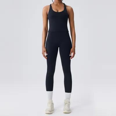Women Fashion Casual Solid Color Camisole Tight Leggings Quick-Drying Sports Yoga Two-Piece Set