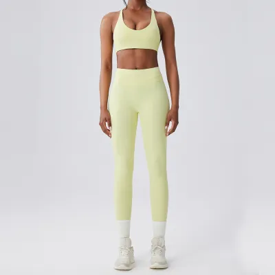 Women Fashion Casual Solid Color Bra Tight High Waist Leggings Quick-Drying Sports Yoga Two-Piece Set