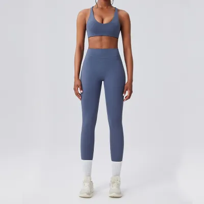 Women Fashion Casual Solid Color Bra Tight High Waist Leggings Quick-Drying Sports Yoga Two-Piece Set