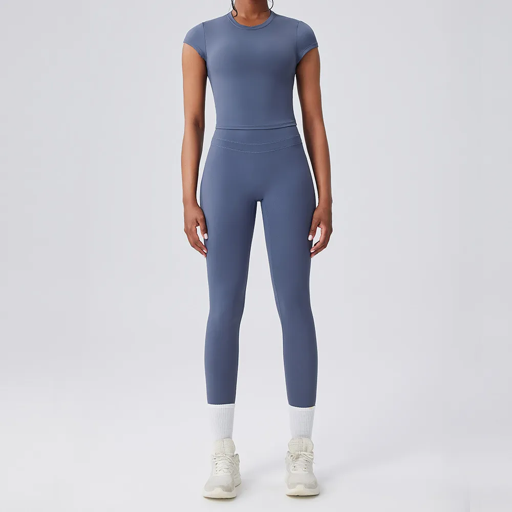 Women Fashion Casual Solid Color Short-Sleeve T-Shirt High Waist Leggings Quick-Drying Sports Yoga Two-Piece Set