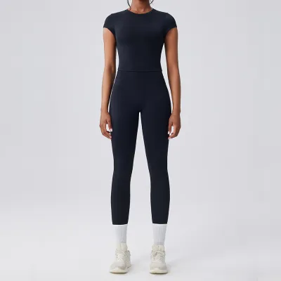 Women Fashion Casual Solid Color Short-Sleeve T-Shirt High Waist Leggings Quick-Drying Sports Yoga Two-Piece Set