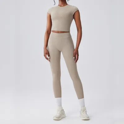 Women Fashion Casual Solid Color Short-Sleeve T-Shirt High Waist Leggings Quick-Drying Sports Yoga Two-Piece Set