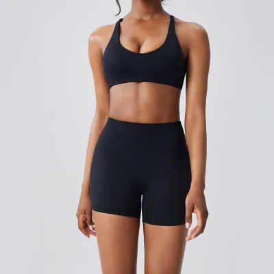 Women Fashion Casual Solid Color Bra Tight High Waist Shorts Quick-Drying Sports Yoga Two-Piece Set