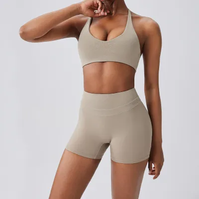 Women Fashion Casual Solid Color Bra Tight High Waist Shorts Quick-Drying Sports Yoga Two-Piece Set