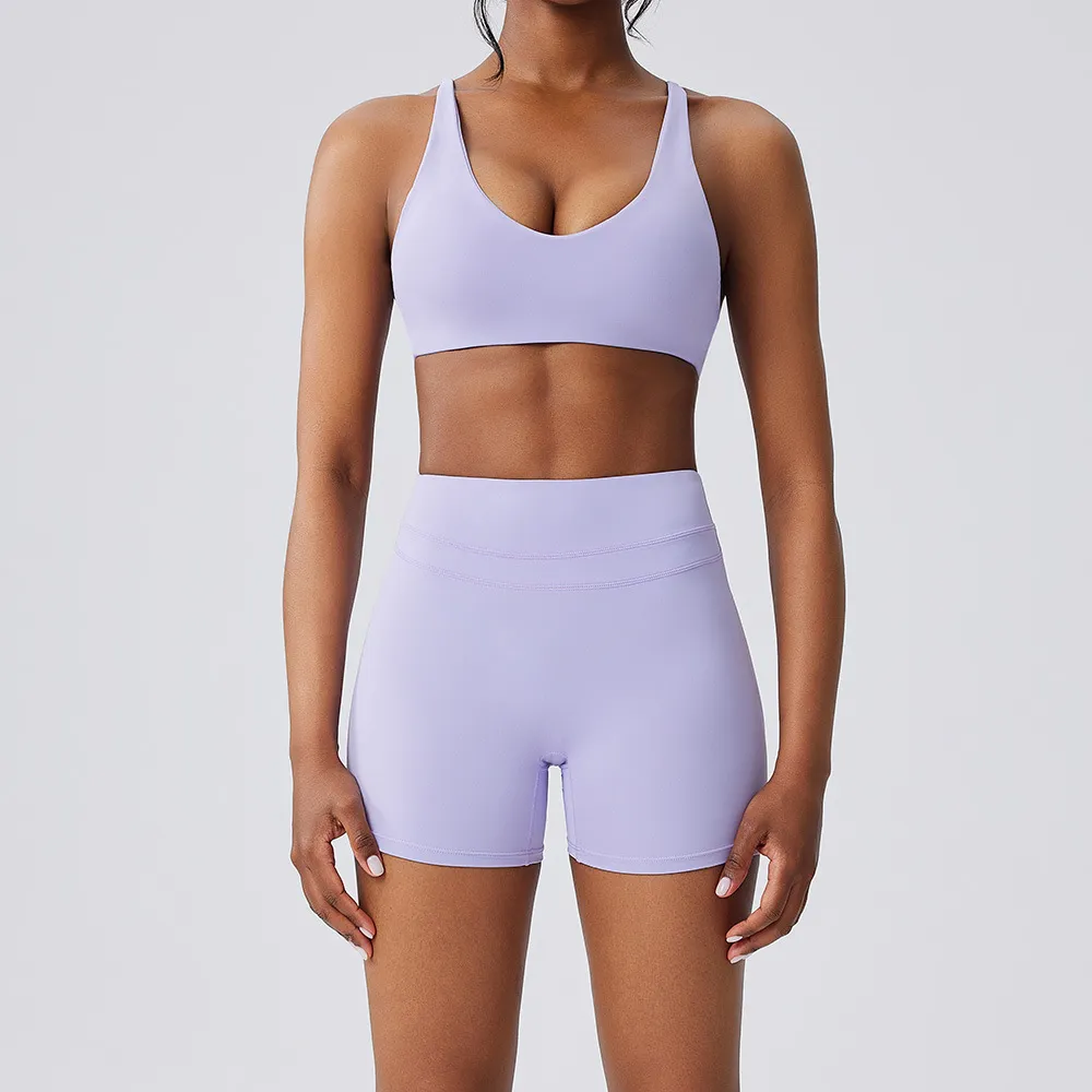 Women Fashion Casual Solid Color Bra Tight High Waist Shorts Quick-Drying Sports Yoga Two-Piece Set