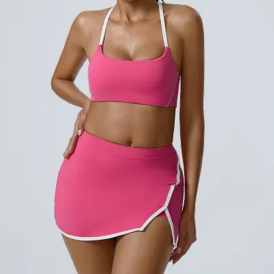 Women Fashion Sexy Contrast Color Bra Tight Skirt Yoga Sports Two-Piece Set