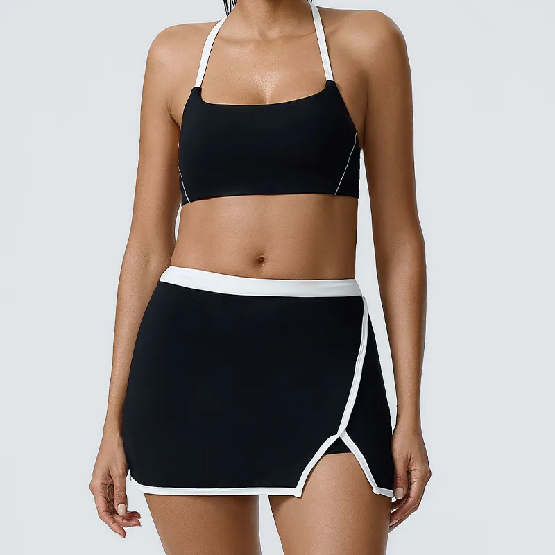 Women Fashion Sexy Contrast Color Bra Tight Skirt Yoga Sports Two-Piece Set