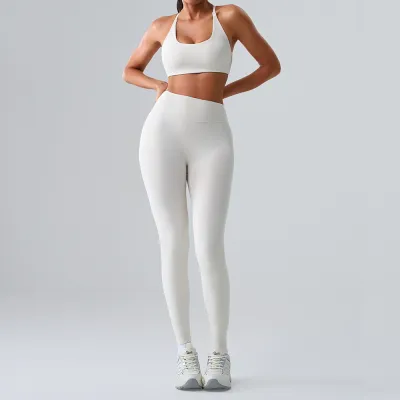 Women Fashion Casual Solid Color Backless Bra Tight Leggings Sports Two-Piece Set