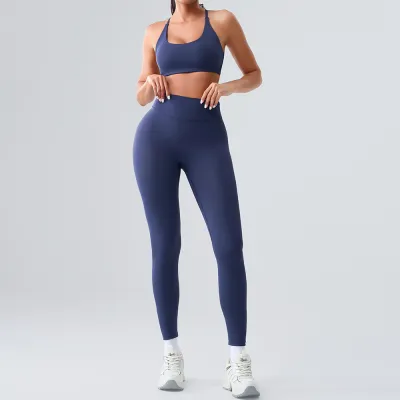 Women Fashion Casual Solid Color Backless Bra Tight Leggings Sports Two-Piece Set