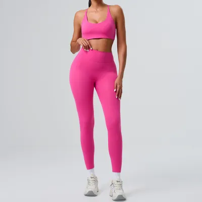 Women Fashion Casual Solid Color Backless Bra Tight Leggings Sports Two-Piece Set