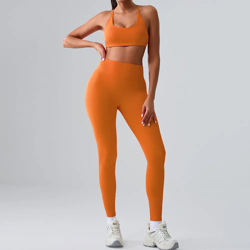 Women Fashion Casual Solid Color Backless Bra Tight Leggings Sports Two-Piece Set