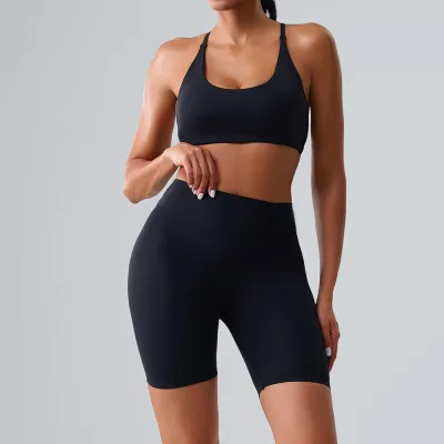 Women Fashion Casual Solid Color Backless Bra Tight Shorts Sports Two-Piece Set