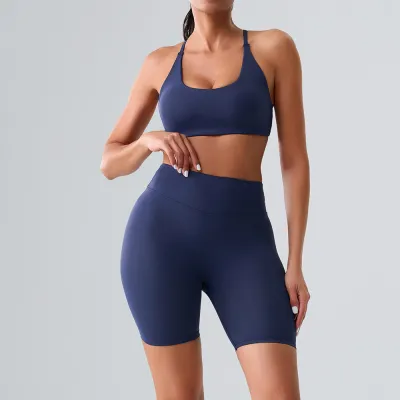 Women Fashion Casual Solid Color Backless Bra Tight Shorts Sports Two-Piece Set