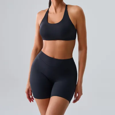 Women Fashion Casual Solid Color Quick-Dry Bra Tight Shorts Sports Two-Piece Set