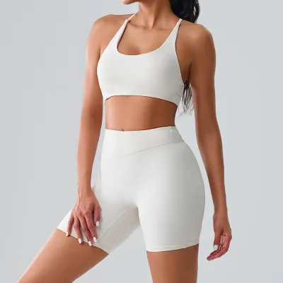 Women Fashion Casual Solid Color Quick-Dry Bra Tight Shorts Sports Two-Piece Set