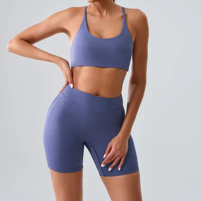 Women Fashion Casual Solid Color Quick-Dry Bra Tight Shorts Sports Two-Piece Set