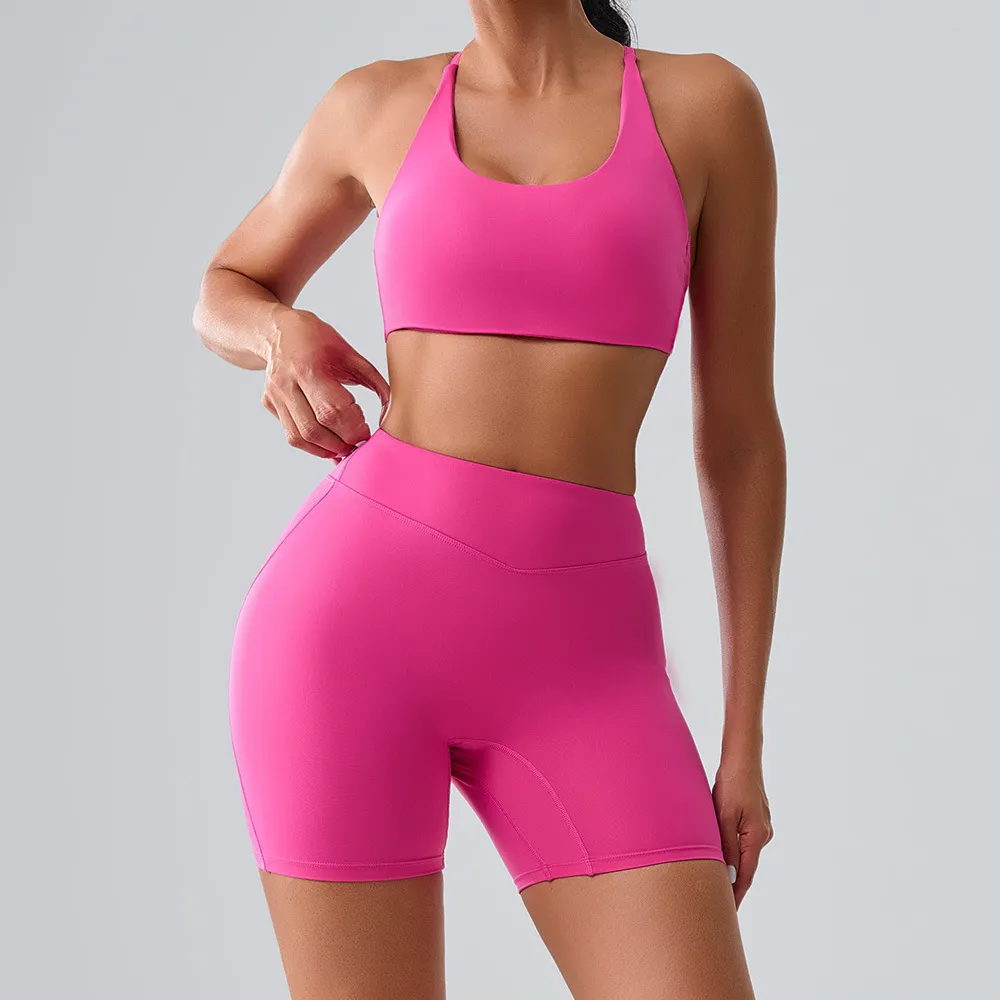 Women Fashion Casual Solid Color Quick-Dry Bra Tight Shorts Sports Two-Piece Set