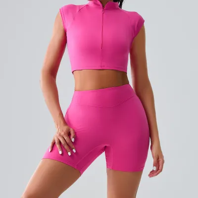 Women Fashion Casual Solid Color Quick-Dry Short-Sleeve Zipper Top Tight Shorts Sports Two-Piece Set