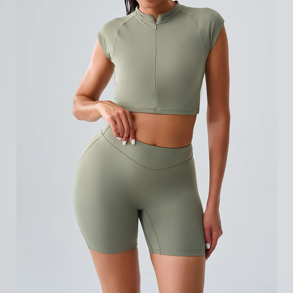 Women Fashion Casual Solid Color Quick-Dry Short-Sleeve Zipper Top Tight Shorts Sports Two-Piece Set