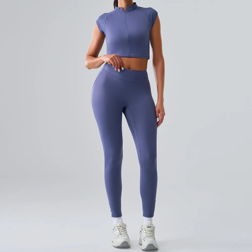 Women Fashion Casual Solid Color Quick-Dry Short-Sleeve Zipper Top Leggings Sports Two-Piece Set
