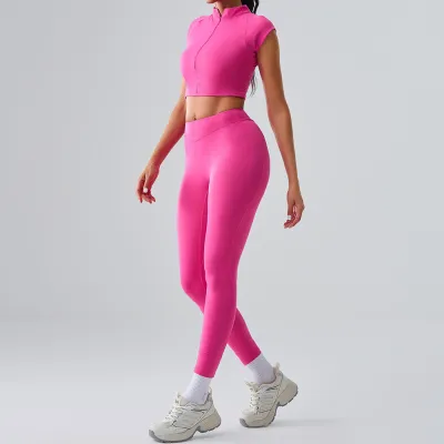 Women Fashion Casual Solid Color Quick-Dry Short-Sleeve Zipper Top Leggings Sports Two-Piece Set