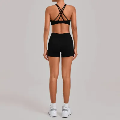 Women Fashion Solid Color Cross Backless With Chest Pad Bra Tight Shorts Quick-Drying Sports Two-Piece Set