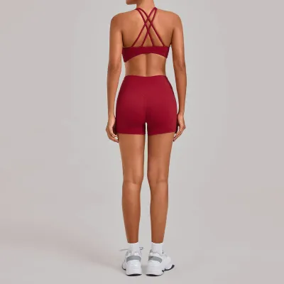 Women Fashion Solid Color Cross Backless With Chest Pad Bra Tight Shorts Quick-Drying Sports Two-Piece Set