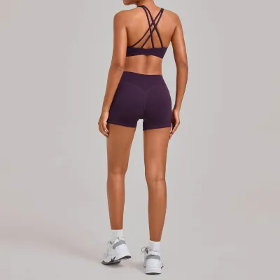 Women Fashion Solid Color Cross Backless With Chest Pad Bra Tight Shorts Quick-Drying Sports Two-Piece Set