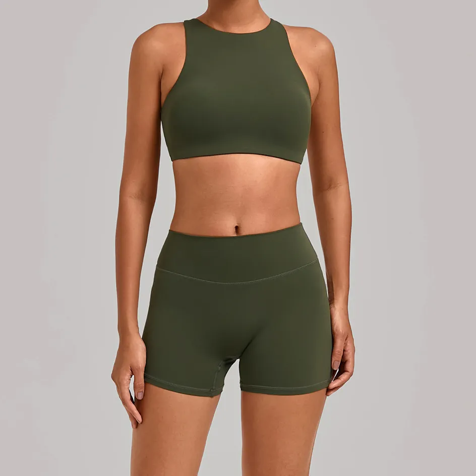Women Fashion Solid Color Cross Backless With Chest Pad Bra Tight Shorts Quick-Drying Sports Two-Piece Set