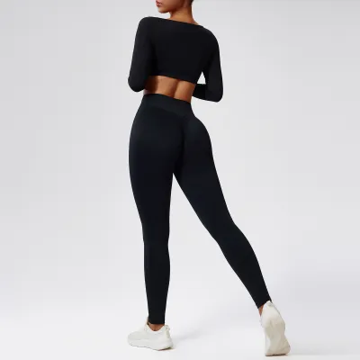 Women Fashion Sexysolid Color Long-Sleeve Crop Top Tight High Waist Leggings Quick-Drying Sports Two-Piece Set