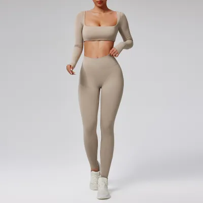 Women Fashion Sexysolid Color Long-Sleeve Crop Top Tight High Waist Leggings Quick-Drying Sports Two-Piece Set
