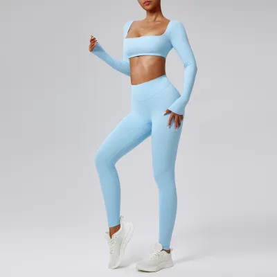 Women Fashion Sexysolid Color Long-Sleeve Crop Top Tight High Waist Leggings Quick-Drying Sports Two-Piece Set