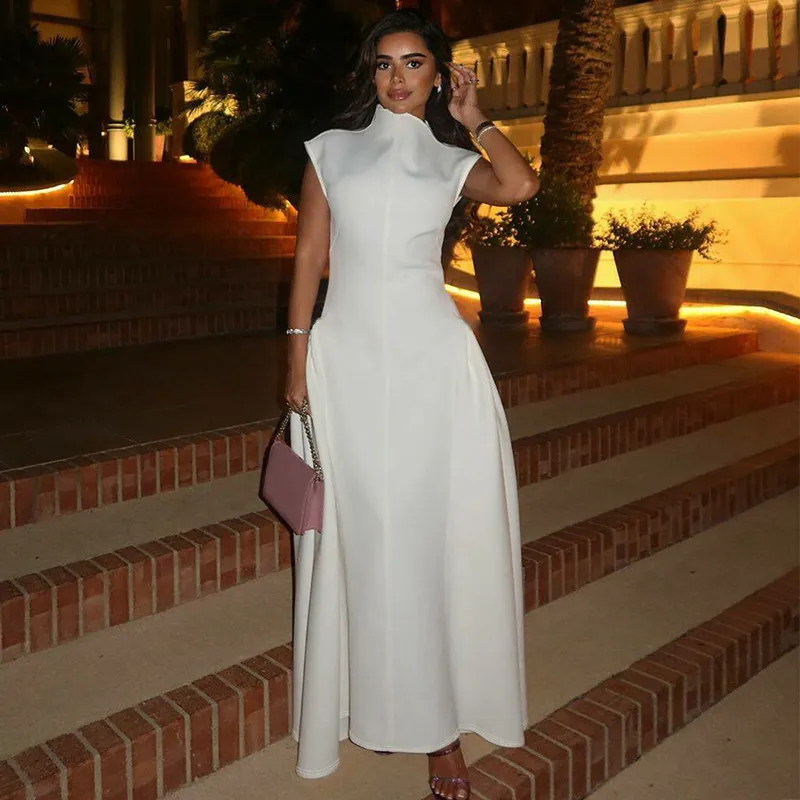 Women Fashion Solid Color Sleeveless High Collar Maxi Dress