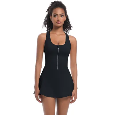 Women Fashion Casual Solid Color Sleeveless Anti-Walking Zipper Sports Dress