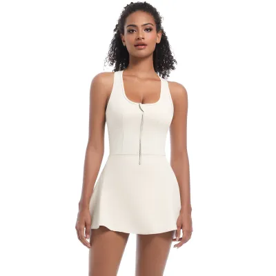 Women Fashion Casual Solid Color Sleeveless Anti-Walking Zipper Sports Dress