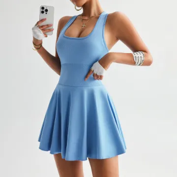 Women Fashion Casual Solid Color Sleeveless Anti-Running A-Line Sports Tennis Dress