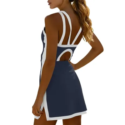 Women Fashion Color Block Hollow Design Quick-Drying Sleeveless Yoga Sports Dress