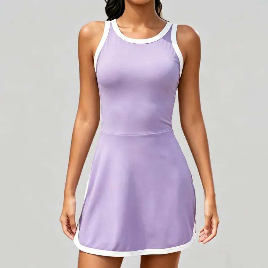 Women Fashion Color Block Hollow Design Quick-Drying Sleeveless Yoga Sports Dress