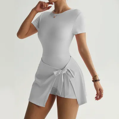 Women Fashion Casual Solid Color Stitching Short-Sleeve Lace-Up Yoga Sports Tennis Dress