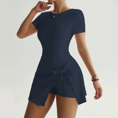 Women Fashion Casual Solid Color Stitching Short-Sleeve Lace-Up Yoga Sports Tennis Dress