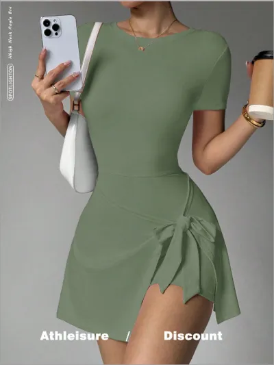 Women Fashion Casual Solid Color Stitching Short-Sleeve Lace-Up Yoga Sports Tennis Dress