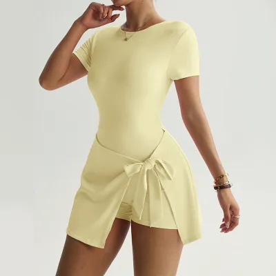 Women Fashion Casual Solid Color Stitching Short-Sleeve Lace-Up Yoga Sports Tennis Dress