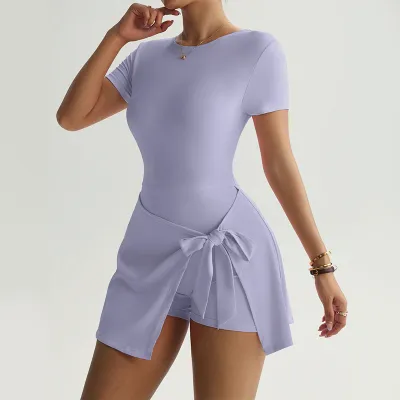 Women Fashion Casual Solid Color Stitching Short-Sleeve Lace-Up Yoga Sports Tennis Dress