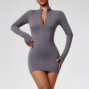 Women Fashion Casual Solid Color Long-Sleeve Zipper Quick-Drying Yoga Sports Dress