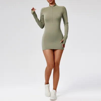 Women Fashion Casual Solid Color Long-Sleeve Zipper Quick-Drying Yoga Sports Dress